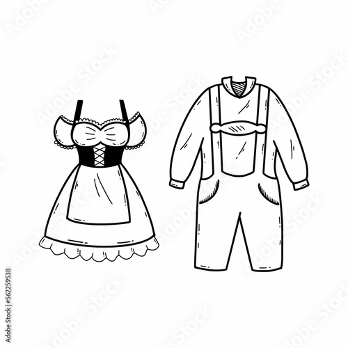 German national dress. Women's dress and men's suit. Oktoberfest outfit. Vector doodle illustration.