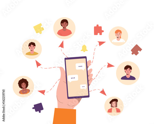 Messages on smartphone screen. Communication in social networks and instant messengers, friendly correspondence, email and chats. Cartoon flat vector illustrations isolated on white background