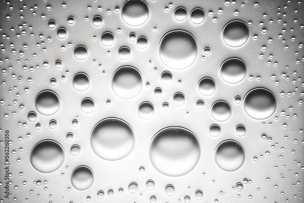Texture of water drops on a white background. water droplets on the backlit glass. water with bubbles. Generative AI