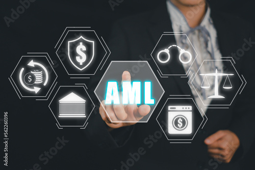 AML, Anti Money Laundering Financial Bank Business Concept, Person hand touching button with AML anti money laundering icon on vr screen.
