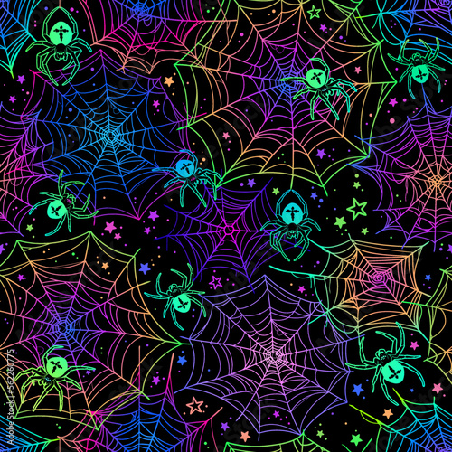 Seamless bright psychedelic pattern. Spiders sit on a multi-colored web