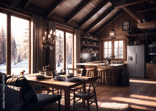 cozy interior of a warm winter in cabin, holidays