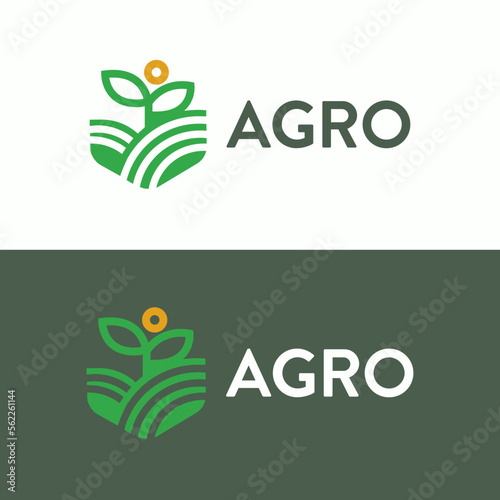 Growing plant in the green field farm under the sun agricutural logo