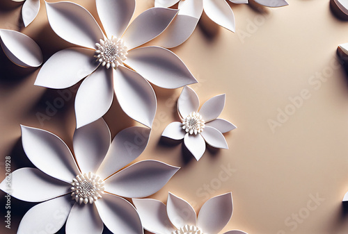 Decorative paper flowers isolated on pastel color wallpaper, corner design element, greeting card template, minimal background, space for text 