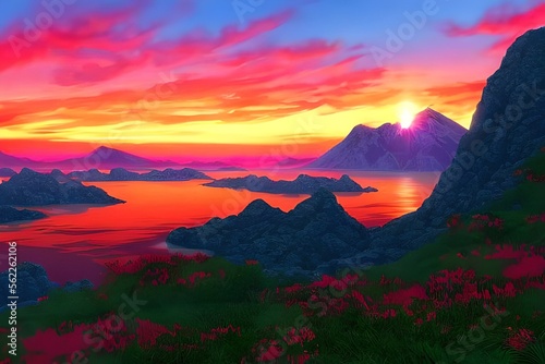 Mystical Fantasy Anime Scenery, Sunsset Scenery, Anime Scene Background Wallpaper With Beaitufl Sunset photo