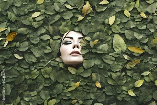 Portrait of a woman resting under green leaves, generative ai