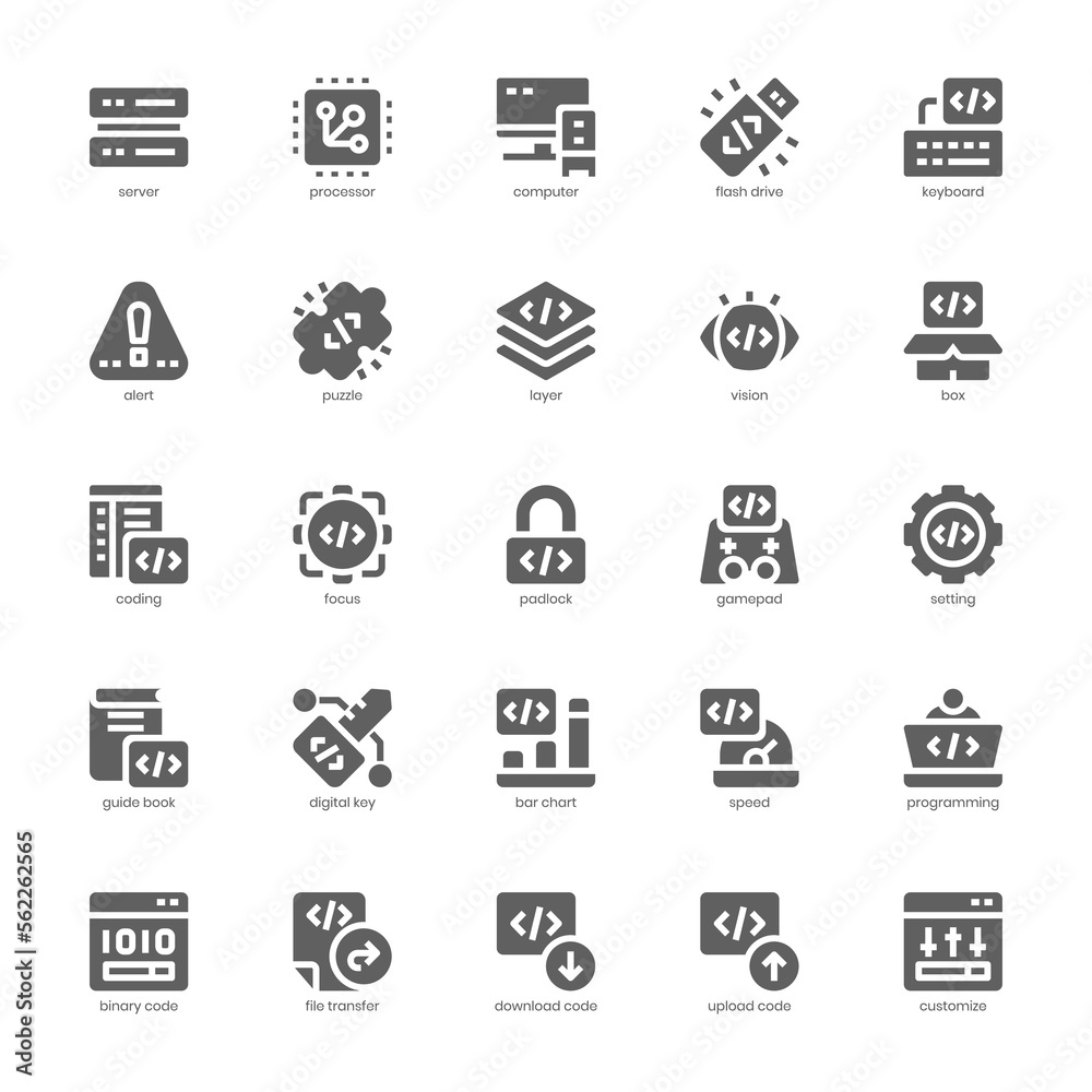 Programming icon pack for your website, mobile, presentation, and logo design. Programming icon glyph design. Vector graphics illustration and editable stroke.