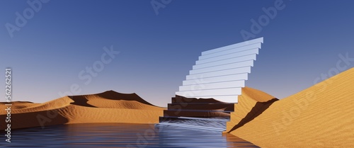 3d render. Abstract surreal background. Desert landscape with sand dunes and mirror stairs under the clear blue sky. Panoramic fantastic wallpaper © wacomka
