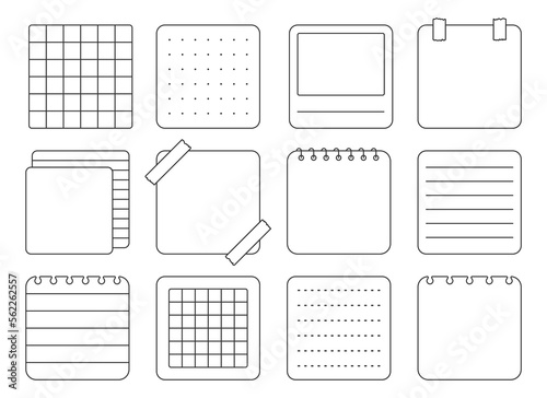 Paper note sticker square notepad black line set. Differ lined squared dotted paper note minimal blank white sticker planner notebook design page task do list reminder frame notebook outline isolated