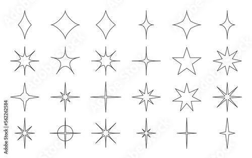 Star space magic editable stroke black line set. Thin outline simple icon blank contour for color text glow night sky light flash constellation different shape abstract christmas doodle sign isolated
