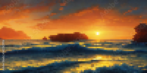 Beautiful pixel art vector landscape with sea and sunset, palm tree, sand and blue waves. Tropical paradise illustration for banner or poster. © Mark