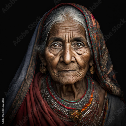 Old Eastern Indian woman dressed dressed in commonly traditional colorful dress from India. Image was created with Generative AI not a real person. 