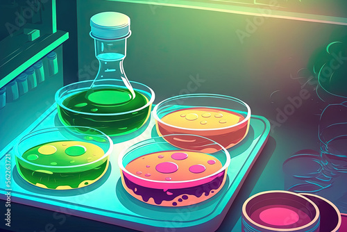 glass Pelli cups on a laboratory table with an agar substrate. sterilized test dishes in the lab. a chemical experiment and analysis. apparatus for culturing cells. looking up. a medical lab idea photo