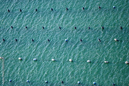 Aerial view of fishing farm containers floating in sea water, Sardinia, Italy