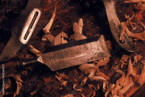 Carving tools and wood shavings, Brooklin, Maine. photo