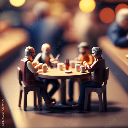 Miniature people eating on table digital render