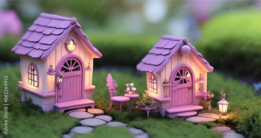 Fairy house in the garden with pink flowers and soft lights Fairy house in the garden with pink flowers and soft lights