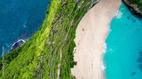 Drone Aerial Famous Kelingking Beach in Nusa Penida, Indonesia, Spine of Rock Formation