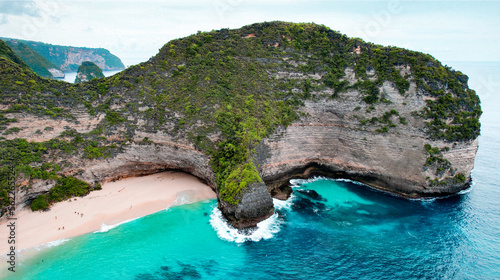 Drone Aerial Famous Kelingking Beach in Nusa Penida, Indonesia, Cliff Face