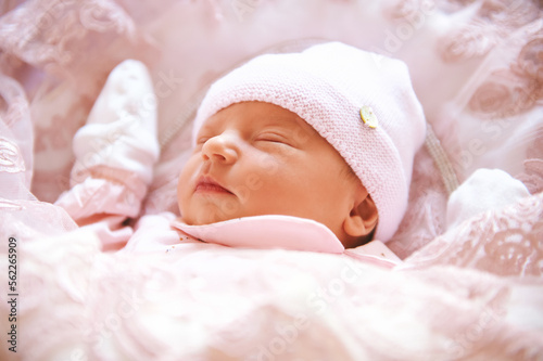 Close up portrait of adorable sleeping newborn baby girl