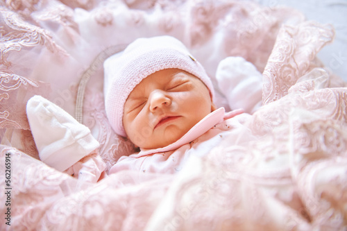 Close up portrait of adorable sleeping newborn baby girl