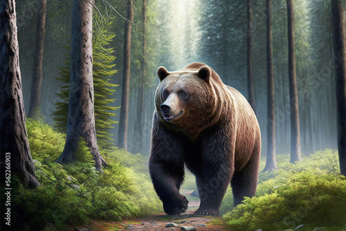 A big brown grizzly bear walks through the forest looking for prey to catch. Illustration by AI generative © Nataly