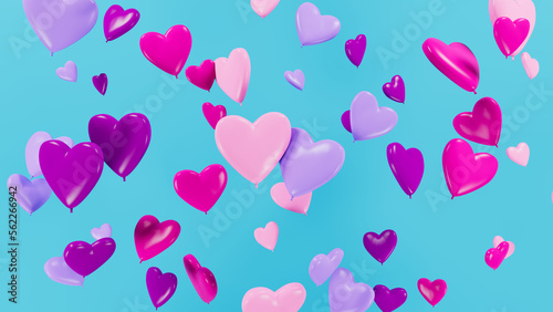3d rendering of many pink, purple and violet colored hearts with light blue background for love theme usage