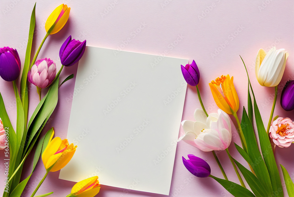 Background of spring flowers card for the holiday. Women's Day. Selective focus. Horizontal. Top view. Background with copy space.