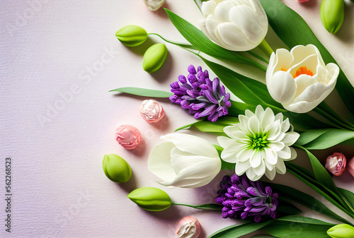 Background of spring flowers card for the holiday. Women s Day. Selective focus. Horizontal. Top view. Background with copy space.