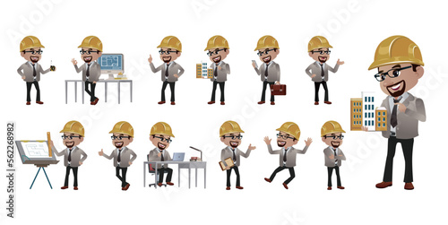 Set of flat engineer with different poses
