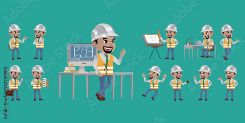 Set of flat engineer with different poses