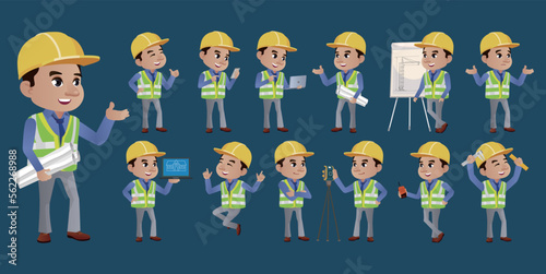 Set of flat engineer with different poses