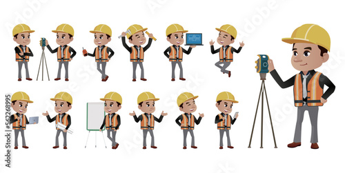 Set of flat engineer with different poses
