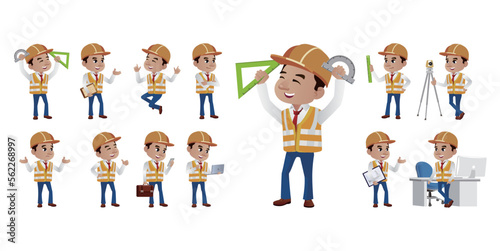 Set of flat engineer with different poses