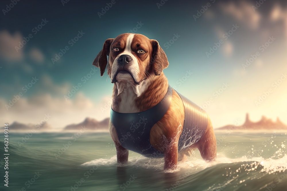 dog Wears swimwear, Surfing in the water, Cinematic landscape. Generative ai
