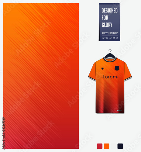 Soccer jersey pattern design. Abstract pattern on orange background for soccer kit, football kit, sports uniform. T shirt mockup template. Fabric pattern. Abstract background. 