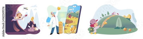Gaming with cryptocurrency, gameplay to earn, Metaverse, digital world, virtual character . Play to earn games created on basis of blockchain project with elements of NFT. Blackchain mobile game