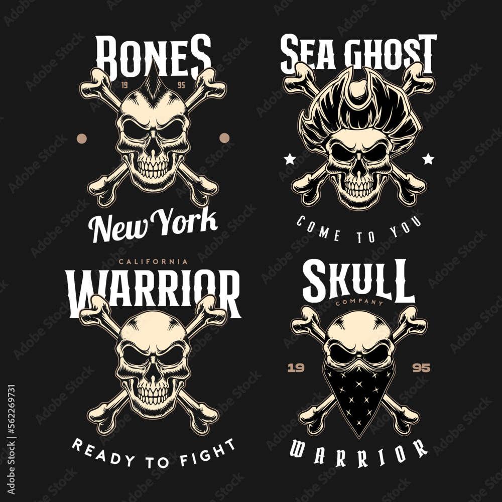 Set of vector vintage badge skull design with monochrome style