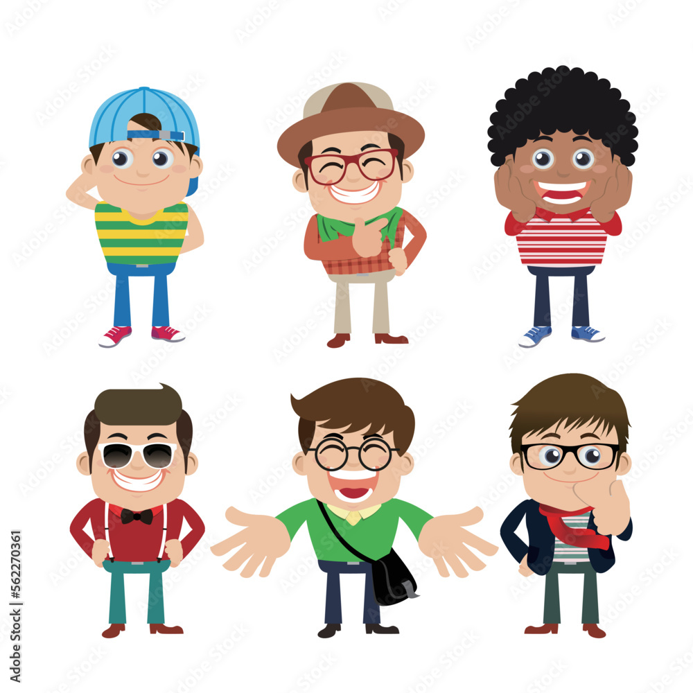Set of young man characters in hipster fashion clothes Set of young man characters in hipster fashion clothes