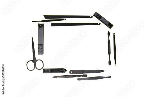  manicure Frame . Manicure accessories black color isolated on white background.Manicure and pedicure equipment.Spa and beauty concept 