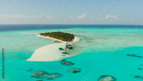 Sand beach and tropical islands by atoll with coral reef, top view. Onok Island, Balabac, Philippines. Summer and travel vacation concept photo