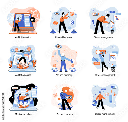 Meditation online. Self-management, self regulation learning, self-organization course, control over emotions metaphor Online yoga at home meditating. Deals with stress management, zen and harmony