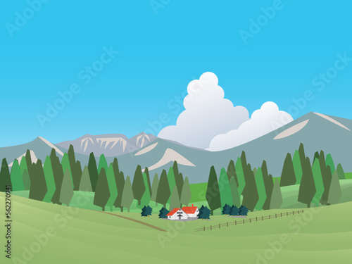夏の草原と牧場風景