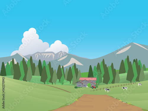 夏の草原と牧場風景