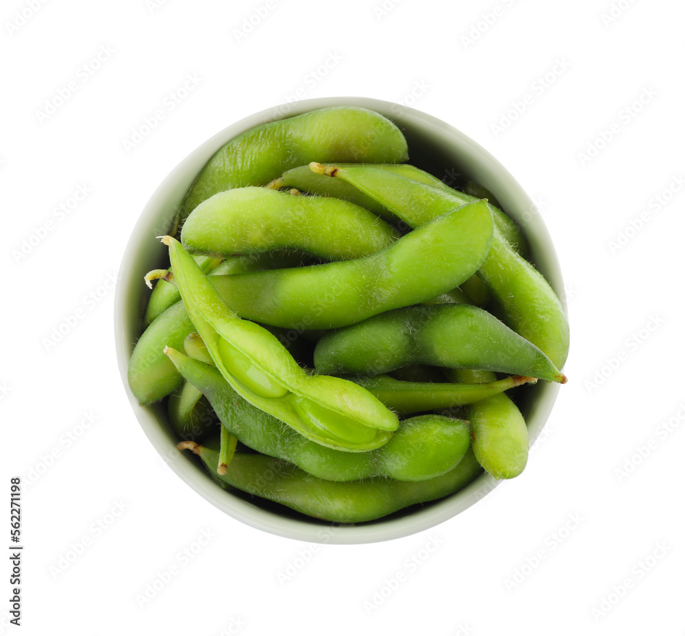 Bowl with green edamame pods on white background, top view Bowl with green edamame pods on white background, top view