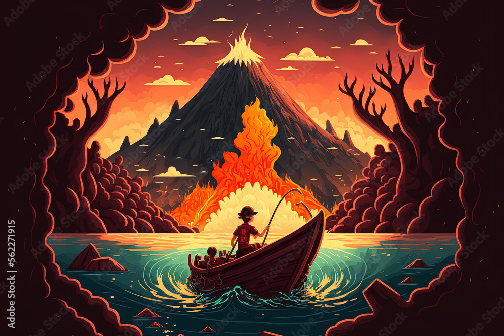 Illustration painting depicting a boy paddling a boat in a realm of volcanoes in a fantasy world. Generative AI