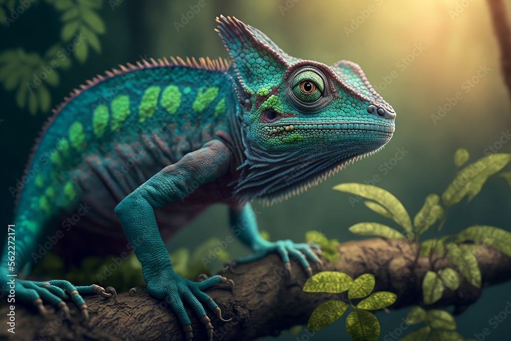 photorealistic Portrait colored chameleon, forest in the background Cinematic landscape Generative ai
