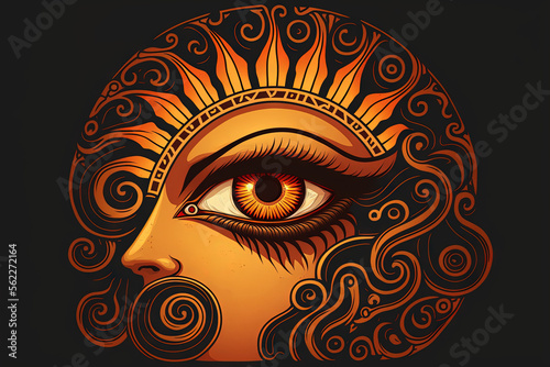 An Egyptian woman's eye with the sun deity Ra's symbol painted on it. Generative AI photo