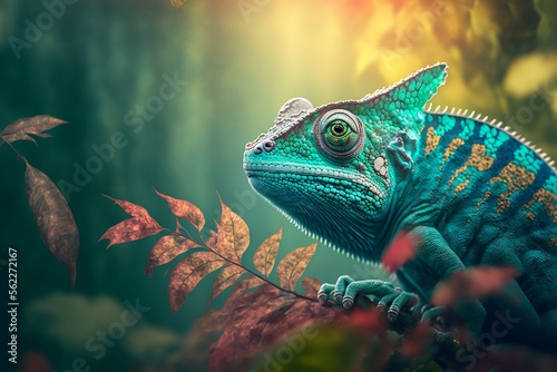 photorealistic Portrait colored chameleon  forest in the background Cinematic landscape Generative ai 