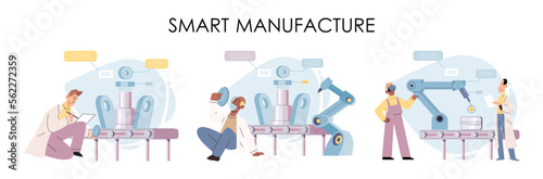 Manufacturing process industry. Scientist robot assembling products. Smart manufacture, automation development metaphor. Smart industry product design, automated production, robots and machinery 4.0